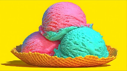 Ice cream scoops in waffle cone lying on bottom edge over vibrant pastel yellow background 