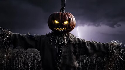 Evil Scarecrow with a Glowing Pumpkin Head in a Lightning Storm at Night