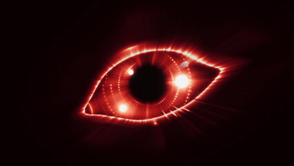 Glowing eye, robot eye, biometric recognition concept, technology, computer vision and security