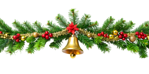 Christmas Garland with Ornaments Bell and Red Berries decoration festive isolated on a transparent background