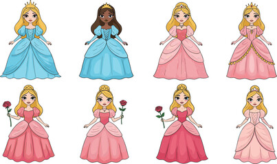 Beautiful princess characters in royal dresses, cartoon girls wearing crowns, fairytale queen illustration, fantasy gown design, cute children’s storybook vector art