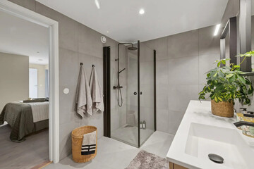 Modern bathroom interior in minimal scandinavian style, 3d render © Yulichka