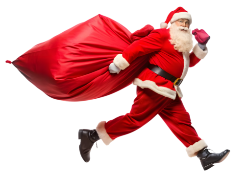Santa Claus Running with Red Gift Sack on Transparent Background motion action isolated on a transparent background