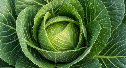 Fototapeta premium Verdant cabbage head with water droplets green leaves