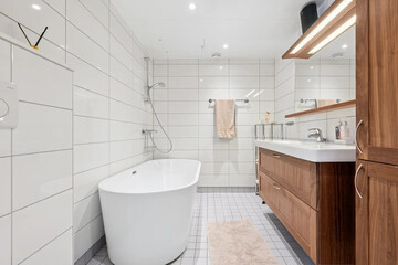 Modern bathroom interior in minimal scandinavian style, 3d render