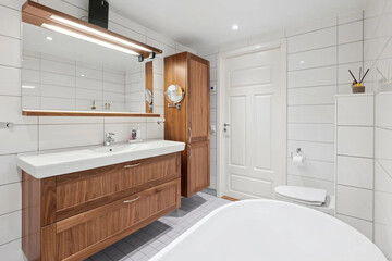 Modern bathroom interior in minimal scandinavian style, 3d render