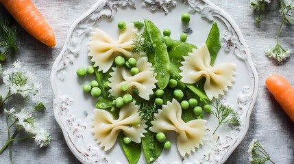 Pasta primavera with vegetables placed upper right over soft cloth table background 
