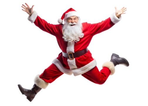 Joyful Santa Claus jumping with arms outstretched Christmas isolated on a transparent background