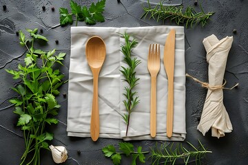 Wooden cutlery with herbs.