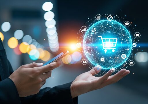 A person interacts with a digital shopping cart icon on their smartphone, surrounded by a glowing globe of e-commerce symbols. - Powered by Adobe