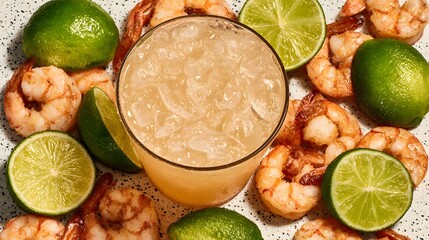 Shrimp cocktail in glass cup at bottom right corner with modern white plate background 