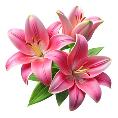 Beautiful pink lily flowers with green leaves isolated on black isolated on transparent background