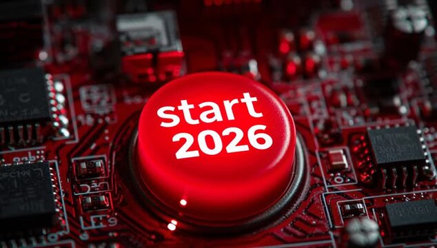 2026 on a bright red start button illuminating a circuit board, symbolizing new beginnings and festive excitement for the new year
