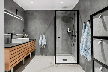 Modern bathroom interior in minimal scandinavian style, 3d render