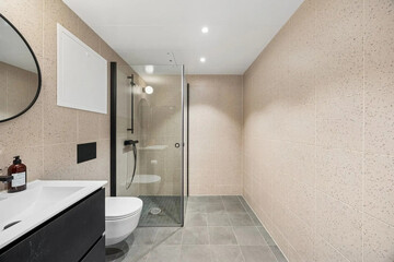 Modern bathroom interior in minimal scandinavian style, 3d render