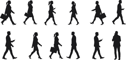 Business people silhouettes walking, corporate professionals in motion, office workers commuting, modern city lifestyle, teamwork concept