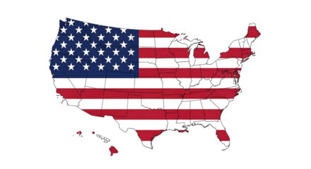 Map of the united states of america filled with the usa flag, showcasing the countrys shape and national symbol, isolated on transparent background a patriotic representation of american geography and