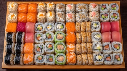 Fototapeta premium Sushi rolls on rectangular plate located top right corner over wooden counter background with copy space 