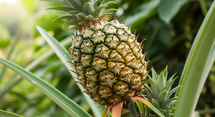 Fototapeta premium Ripe pineapple growing on plant fruit tropical