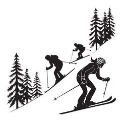 A dynamic ski slope scene isolated on white background features skiers amidst pine trees, capturing the thrill of winter sports in a minimalist, silhouette style