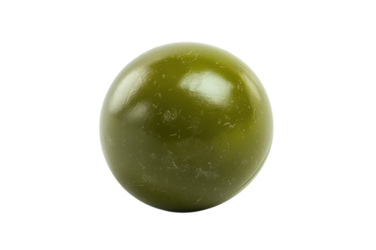 A solitary green marble glimmers under soft light, showcasing its smooth texture and vibrant hue against a neutral backdrop isolated on transparent background