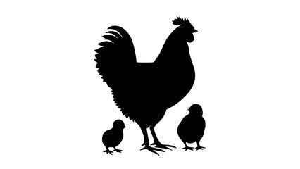 a silhouette of a chicken and two chicks on a plain transparent backgroundbird, black, chicken, cock, hen, illustration, profile, stand 