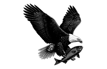 a black and white illustration of an eagle in flight with a fishbald eagle, bird, black, catch, claw, eagle, fish, flight, fly, sky, spread, white, wing 