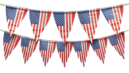 Festive patriotic bunting with american flag design isolated on transparent background, perfect for celebrating independence day and other national holidays