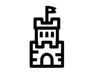 Obraz premium a black and white icon of a castle with a flagapp, black, brand, castle, flat, icon, illustration, logo, symbol, tower, vector icon, web 