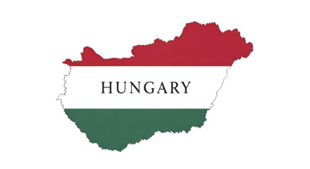 Map of hungary with the hungarian flag isolated on transparent background the map is in the shape of the country and is colored with the red, white, and green stripes of the national flag the word hun