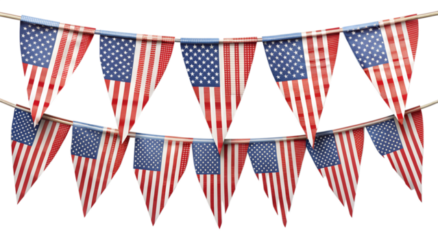 Festive patriotic bunting with american flag design isolated on transparent background, perfect for celebrating independence day and other national holidays