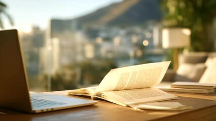 A 20 something writes for a local blog in a home office with a laptop open notes scattered and a window showing city life presented in a thoughtful photo with screen text paper