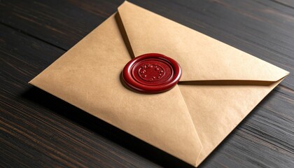 Close-up of a brown envelope with a red wax seal on a dark wooden table, symbolizing a secret message or important document. concept of secrecy and important correspondence