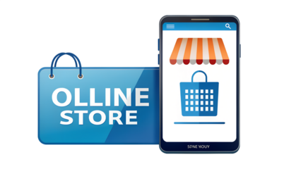 Online store concept isolated on transparent background, showcasing mobile shopping and digital retail with a shopping bag and smartphone