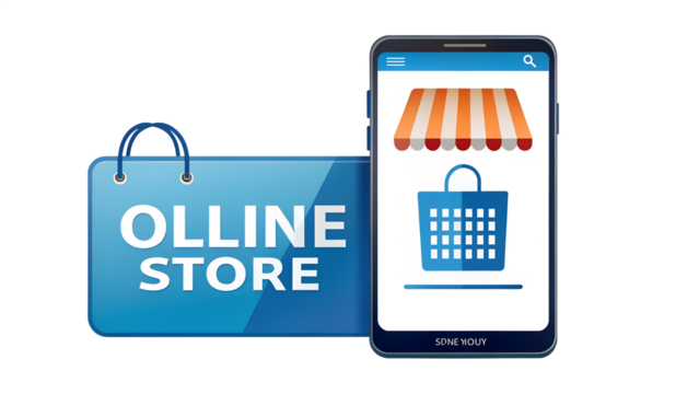 Online store concept isolated on transparent background, showcasing mobile shopping and digital retail with a shopping bag and smartphone