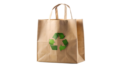 Brown paper bag with recycle symbol isolated on transparent background, representing ecofriendly packaging and sustainable consumer choices