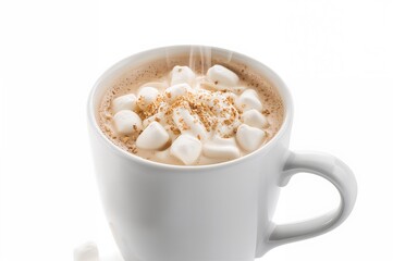 Steaming mug of chocolate beverage topped with marshmallows on a white background