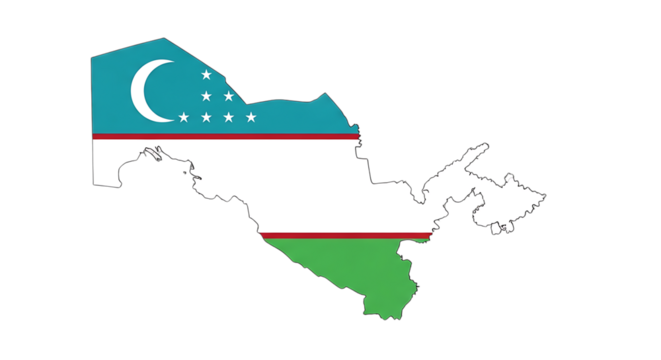 Uzbekistan map outline with flag isolated on transparent background the flag of uzbekistan features three horizontal bands of blue, white, and green, separated by thin red stripes