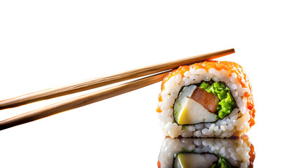 Delicious california sushi roll with salmon, avocado, and tobiko caviar isolated on transparent background, served with wooden chopsticks on a reflective surface