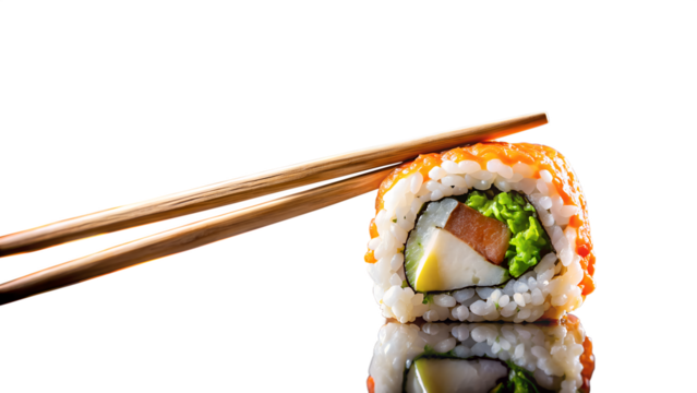 Delicious california sushi roll with salmon, avocado, and tobiko caviar isolated on transparent background, served with wooden chopsticks on a reflective surface