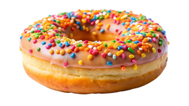 Delicious donut with colorful sprinkles isolated on transparent background, a sweet treat that is perfect for breakfast, dessert, or any time of day