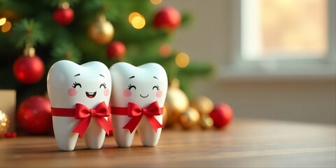 Holiday-themed tooth figurines with bows placed next to a Christmas tree, giving warmth and joy to the dental clinic
