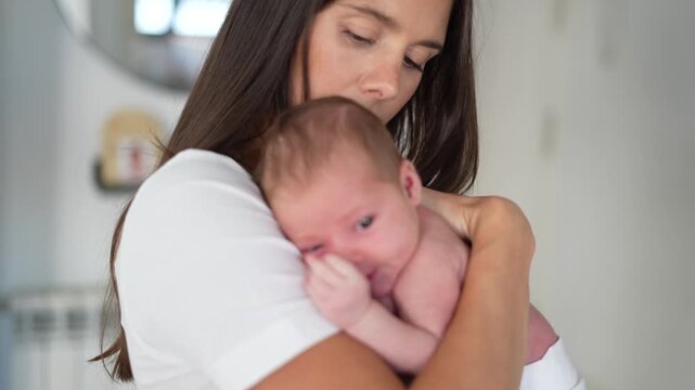 ender mother gently holding newborn baby girl resting peacefully on her chest in bedroom
