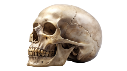 Human skull isolated on transparent background, a detailed anatomical model showing the structure and features of the cranium and teeth in detail