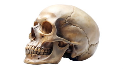 Human skull isolated on transparent background a symbol of mortality, death, and the fragility of life, often used in art and anatomy studies