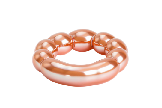 A playful, shiny copper-colored sculpture resting on a clean white background, showcasing curves and reflections in a minimalist display isolated on transparent background