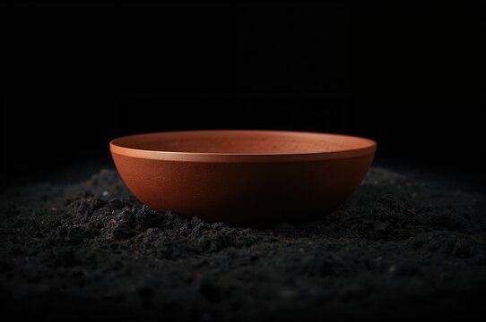Detailed view of a brown bowl against a dark agricultural backdrop