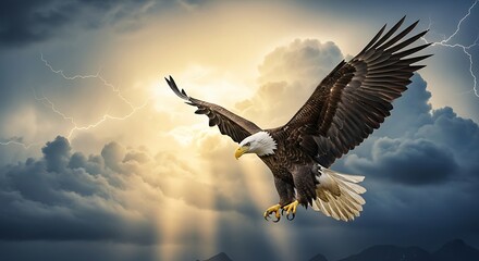 Majestic Bald Eagle Soaring Through Stormy Skies with Lightning and Sunbeams.