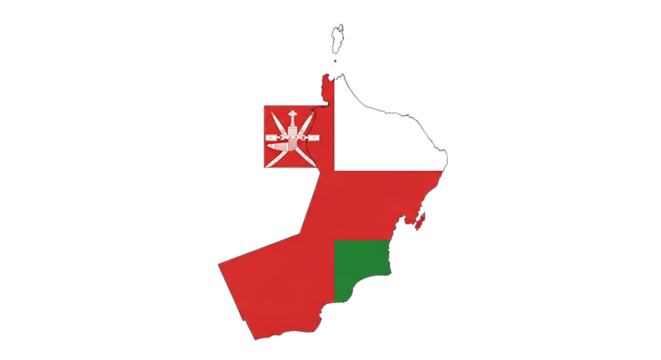Map of oman with flag isolated on transparent background the omani flag consists of three stripes of white, red, and green, with a red bar containing the national emblem the country is located in the 