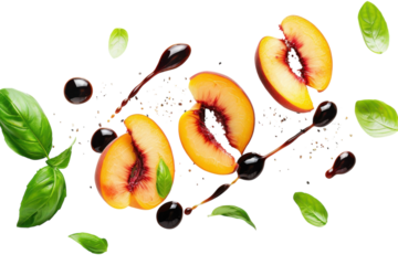 Vibrant peach slices artfully arranged with fresh basil, balsamic drizzle, and a sprinkle of black pepper on a bright backdrop isolated on transparent background